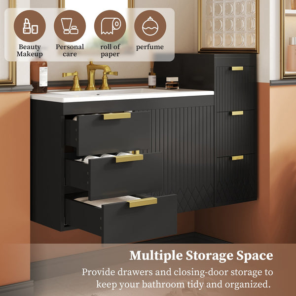 English Elm 30" Bathroom Vanity with Sink — Wall-Mounted Ceramic Basin, Soft-Close Storage, Floating Modern Design Black N710S324096B