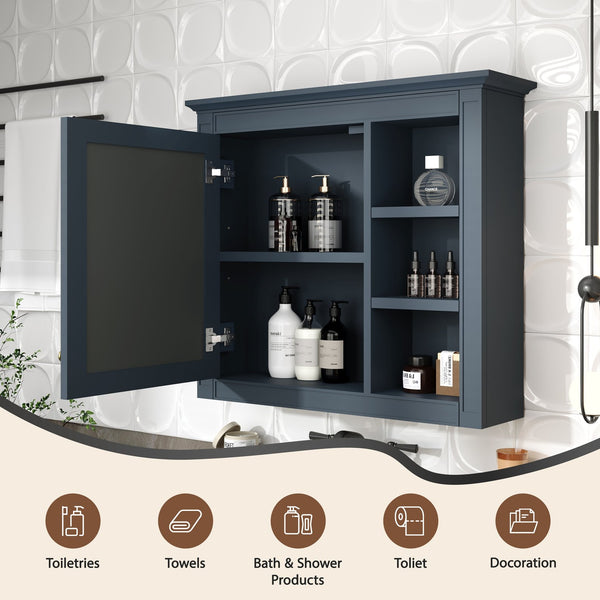 English Elm 30'' Modern Medicine Cabinet Wall Mirror with Hidden Storage and Adjustable Open Shelves for Bath Blue WF318452AAC