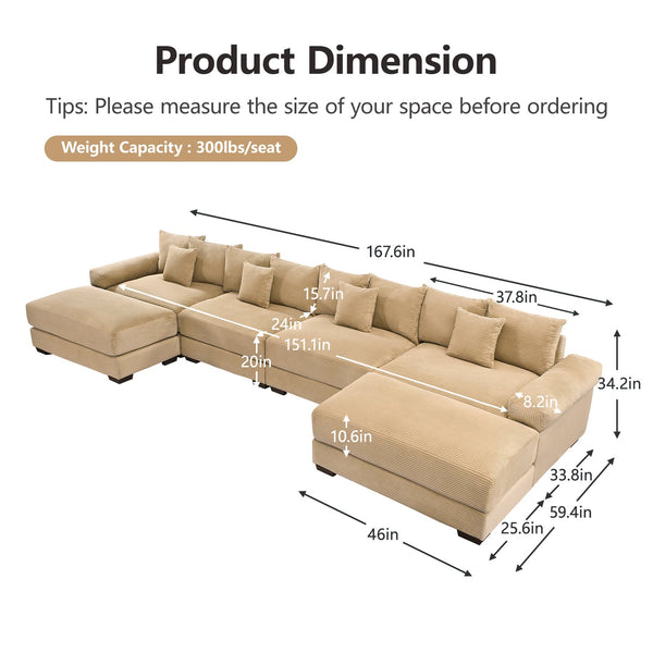 English Elm 170"Oversized Modular U-Shape Sectional Couch - Premium Corduroy, Deep Seats, 12 Pillows, Easy Assembly! W714S01312