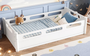 English Elm Twin Low Profile Floor Bed with Guardrails Pine Wood Frame Minimalist Bedroom White W1580P438763