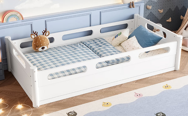 English Elm Twin Low Profile Floor Bed with Guardrails Pine Wood Frame Minimalist Bedroom White W1580P438763
