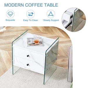 English Elm Double-drawer modern bedside table with MDF surface, tempered glass sides, elegant storage design W1151P191734