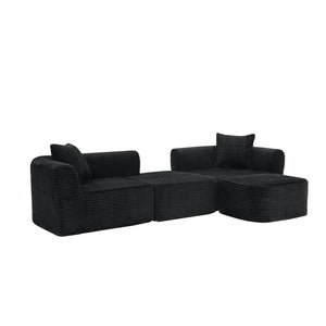 English Elm 114" Cloud Sectional Couch with L-Shape Chaise Modular Corduroy Sofa with Movable Ottoman, No Assembly Required, Plush Comfort for Living Spaces Black W1117P371650
