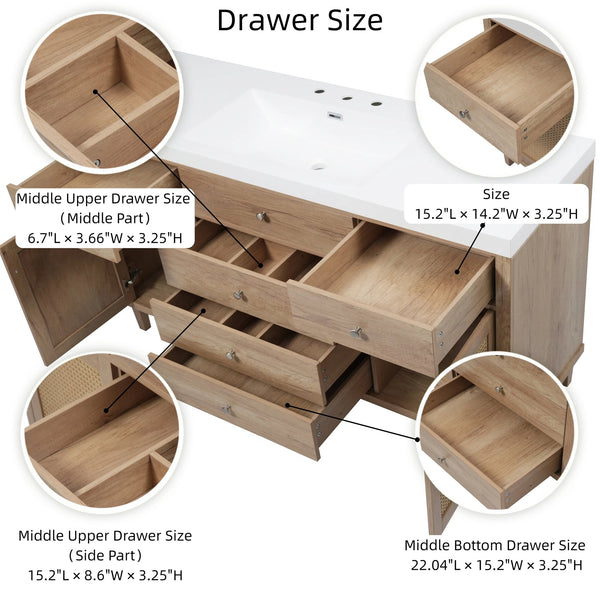 English Elm Christopher Knight Home® - 60" Modern Bathroom Vanity with Durable SMC Sink, Rattan Doors, Soft-Close Drawers, Pine Legs Antique Natural N817P296130N