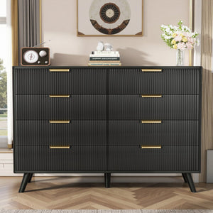 English Elm 6 Drawer Fluted Wood Dresser Natural Finish Compact Chest for Nursery or Bedroom Black T3773P415549
