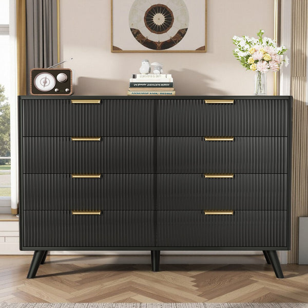 English Elm 6 Drawer Fluted Wood Dresser Natural Finish Compact Chest for Nursery or Bedroom Black T3773P415549