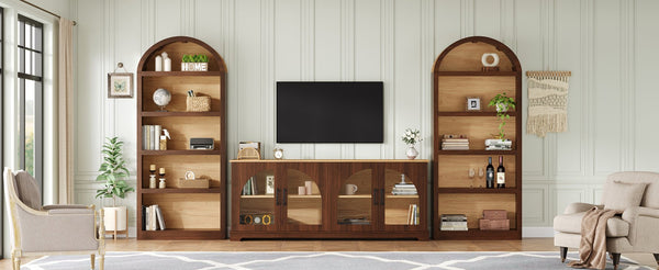 English Elm 3-piece Farmhouse Entertainment Center with Arched Glass Doors and Open Tower Shelving Walnut N721S000070P