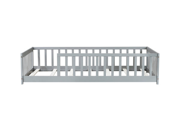 English Elm Twin Solid Rubberwood Floor Bed with Full Perimeter Safety Rails for Toddler Rooms Grey W504P296793