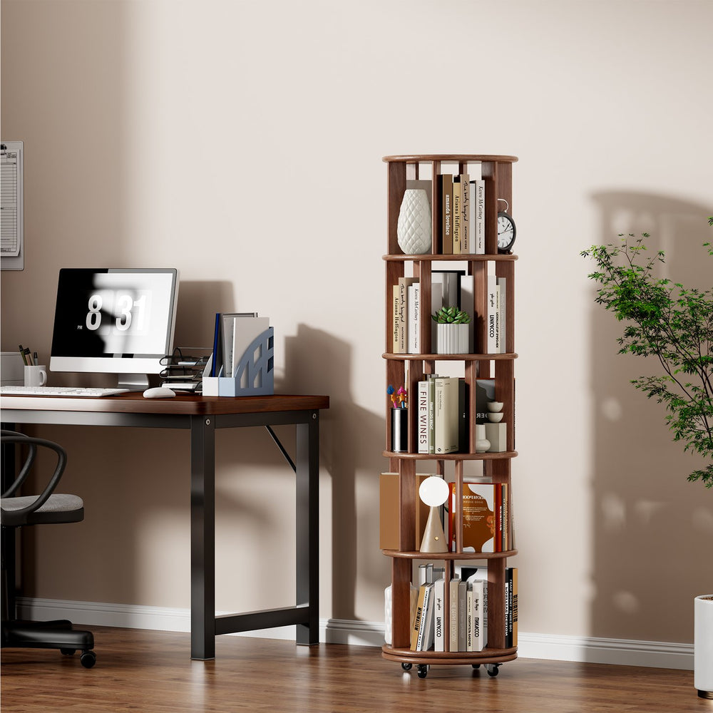 English Elm 100%solid Rubberwood Rotating Tower Bookcase with Locking Wheels 4 Tier Round Shelf W2987P337957