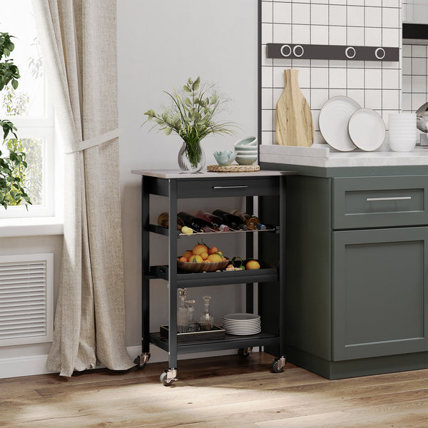 English Elm HOMCOM Kitchen Island Cart with Stainless Steel Top, Wine Rack, Drawer & Rolling Wheels for Easy Storage and Serving Black W2225P229351