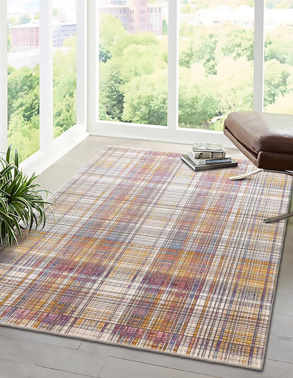 Unique Loom Deepa Gingham Machine Made Geometric Rug Multi, Blue/Yellow/Pink/Peach/Purple/Ivory/Light Blue/Light Brown/Light Green/Light Salmon 5' 3" x 7' 10"