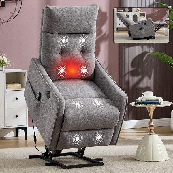 English Elm Beige Chenille Power Lift Recliner with Massage Heat and Usb for Senior Comfort Light Gray W1803P369078