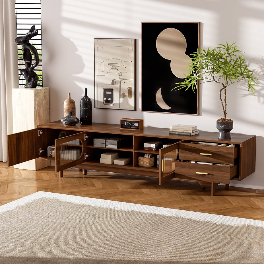 English Elm 78inch Walnut Entertainment Center Fluted Glass Solid Wood Legs Modern Living Room N710P362203P