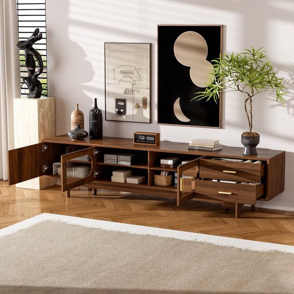 English Elm 78inch Walnut Entertainment Center Fluted Glass Solid Wood Legs Modern Living Room N710P362203P