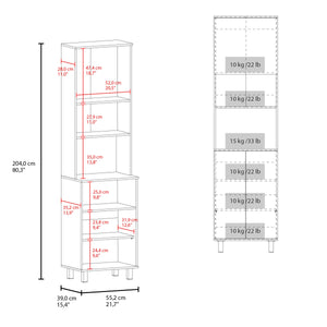 English Elm White White Kitchen Pantry with Pneumatic Doors, Open Shelves, Tall Slim 80.3" Storage Cabinet Modern B062S00603