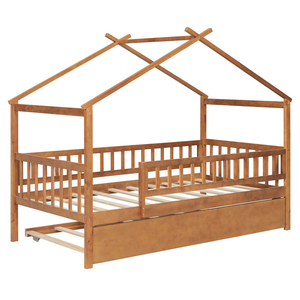 English Elm Twin House Bed with Trundle Solid Pine Frame Walnut Kids Bedroom Sleepover N708P357115L
