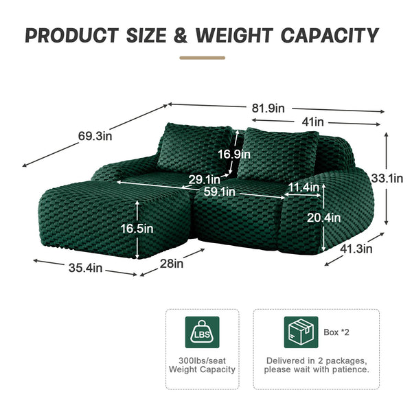 English Elm 82" Modular L-shaped Sectional Sofa Flannelette Upholstered with Movable Ottoman Living Room Green W714S01524