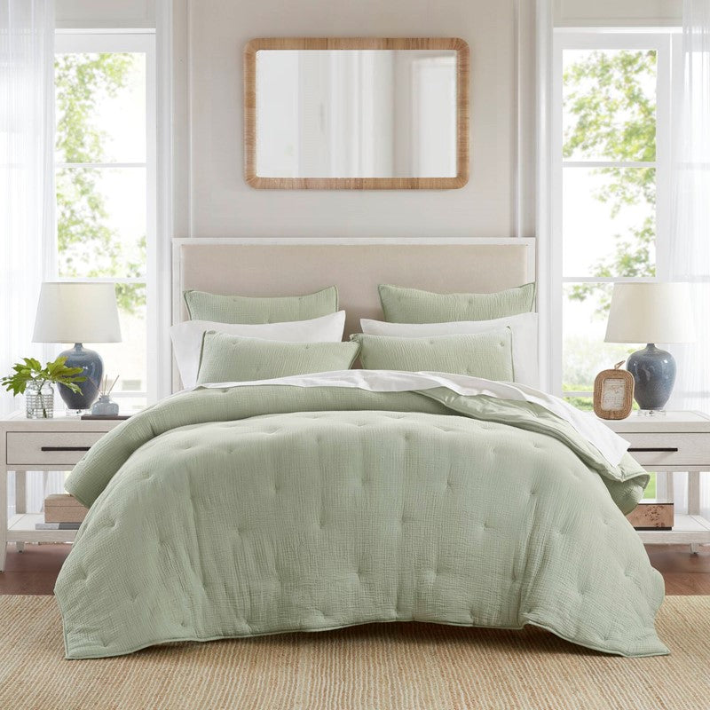 English Elm 3-piece King Cotton Muslin Quilt Set with Embroidered Tacking Breathable Crinkled Bedding B035P408344