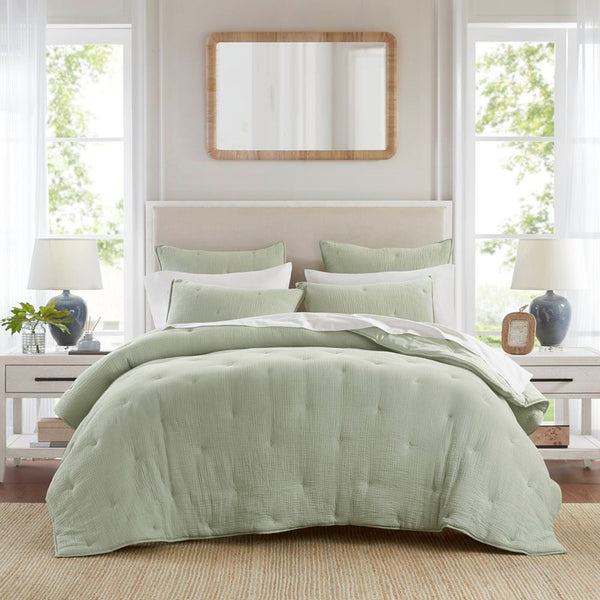 English Elm 3-piece King Cotton Muslin Quilt Set with Embroidered Tacking Breathable Crinkled Bedding B035P408344