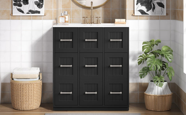 English Elm 30inch Bathroom Vanity with Undermount Sink, Tip-Out Tray, Soft-Close Doors, Spacious Drawers & Handles Black N710P331580B