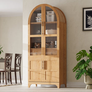English Elm K&k Arched Farmhouse Pantry Cabinet Glass Doors Hidden Drawer Two Tone Kitchen Storage Natural N707S288969Y