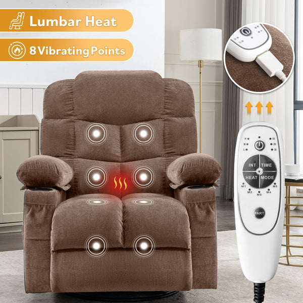 English Elm Oversized Swivel Recliner with Massage Heating Linen Upholstery and Usb Port Brown W1521P411662