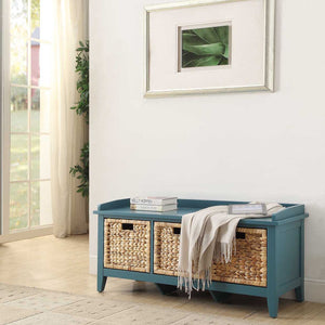 English Elm Beige Rustic Rattan Storage Bench with 3 Drawers for Entryway, Window Seat, Smooth Metal Glides, 43.5"Wide Teal B062P189199