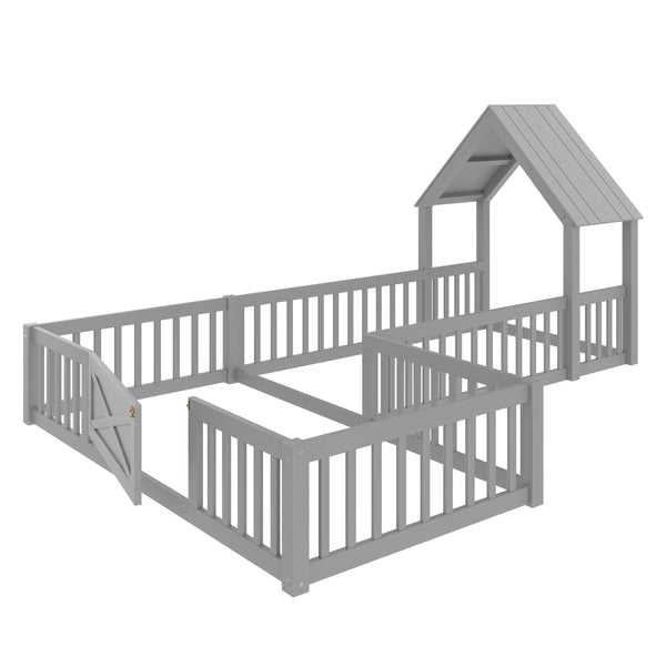 English Elm Twin House Floor Bed with Door and Full-Length Guardrails, Solid Wood Double Twin Floor Bed for Kids' Playful Rooms Grey W1580P354638