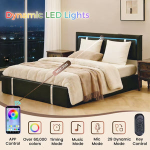 English Elm Queen Platform Bed Wingback Diamond Quilted Headboard Led Lighting Storage Drawers Black W5722P462695