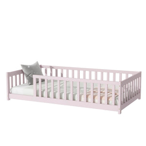 English Elm Twin Solid Rubberwood Floor Bed with Full Perimeter Safety Rails for Toddler Rooms Pink W504P296798