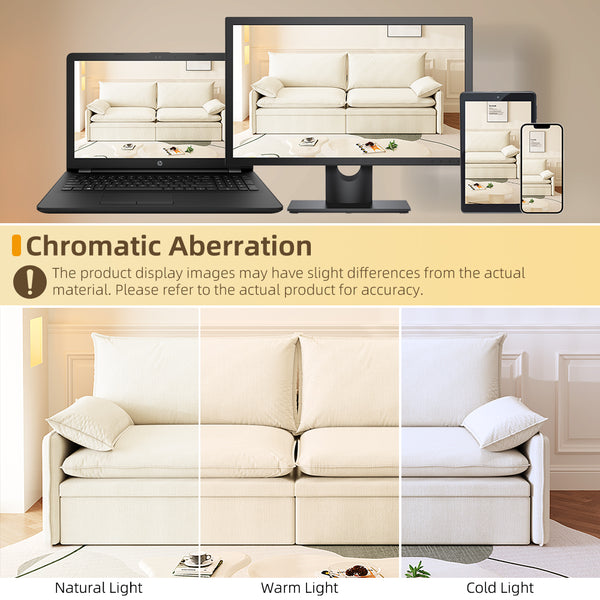 English Elm 4-Seat Convertible Sleeper Sofa Bed Chenille Upholstery Deep Seat Storage USB Port Modern Pull-Out Beige+White W1885S00214