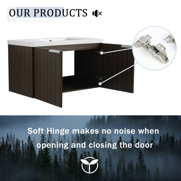 English Elm 36 Inch Silver-Brown Stripe Wall-Mounted Vanity with Resin Sink, Soft-Close Doors & Spacious Storage W999P204953