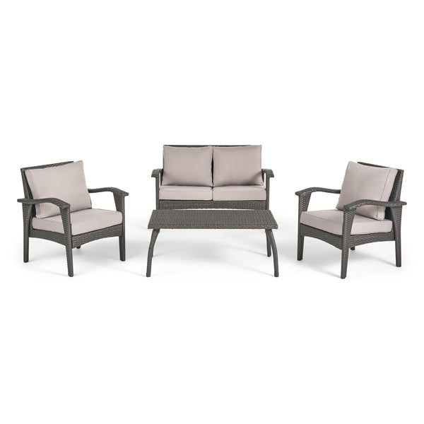 English Elm Christopher Knight Home® - HONOLULU Stylish 4PC PE Wicker Patio Set with Durable Iron Frame, Waterproof Cushions, Compact Lounge Grey 52917.00IRNGRY