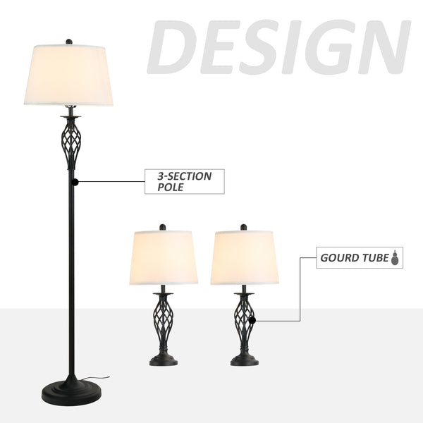English Elm HOMCOM 3-Piece Vintage Floor & Table Lamp Set with Woven Metal Pole, White Fabric Shades, Cozy Glow W2225P217294