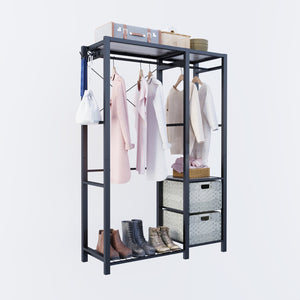 English Elm Acacia Wood Garment Rack with Shelves, 2 Wicker Drawers, 4 Hooks & 300lb Capacity — Light Gray W2391P290024