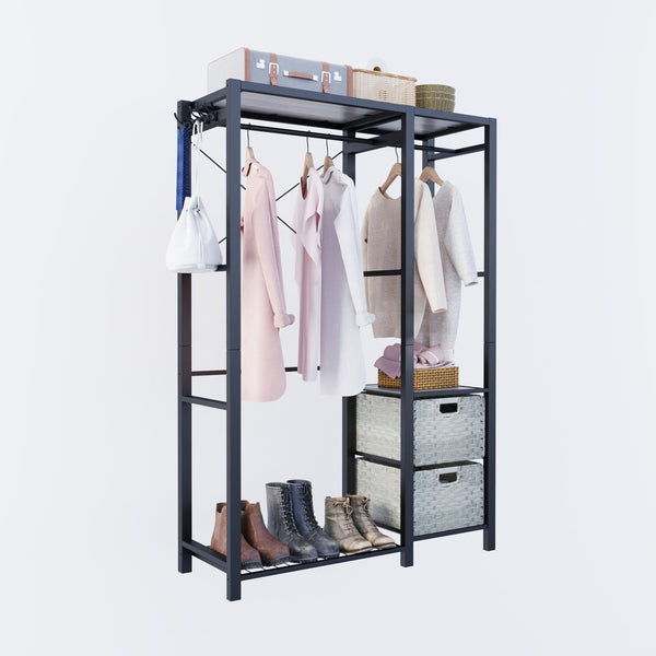 English Elm Acacia Wood Garment Rack with Shelves, 2 Wicker Drawers, 4 Hooks & 300lb Capacity — Light Gray W2391P290024