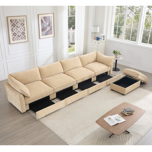 English Elm L-Shaped Modular Sofa With Movable Footstool, Storage Drawers, Crescent Armrests & Chenille Fabric W3041S00180