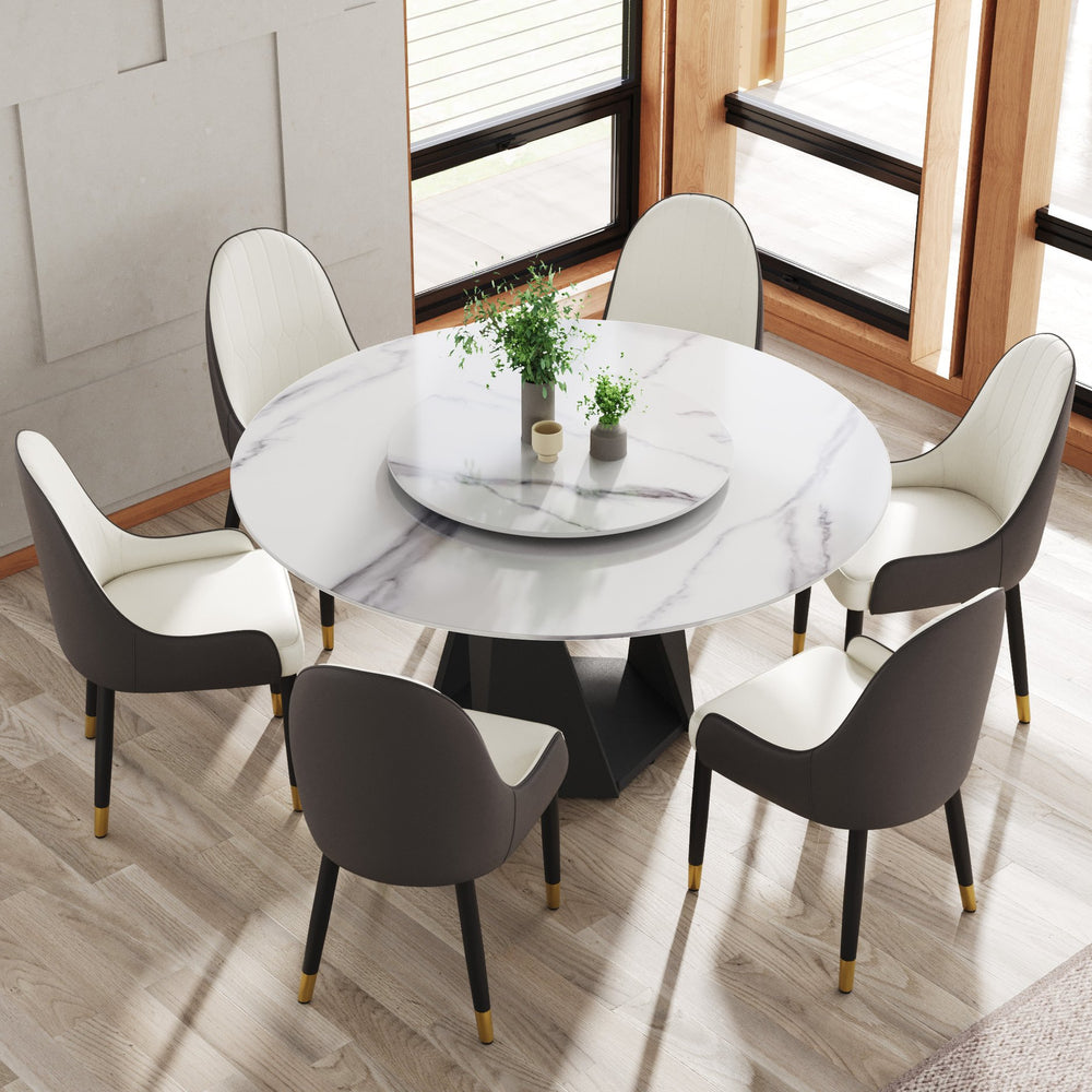 English Elm Metal Pedestal Round Dining Table Sintered Stone Top with Lazy Susan Seats Eight W1535P500494