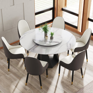 English Elm Metal Pedestal Round Dining Table Sintered Stone Top with Lazy Susan Seats Eight W1535P500494