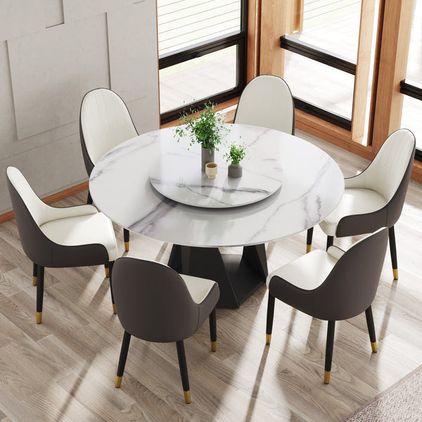 English Elm Metal Pedestal Round Dining Table Sintered Stone Top with Lazy Susan Seats Eight W1535P500494