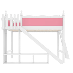 English Elm Queen Loft Bed With Fun Slide, Storage Shelves, Solid Wood Construction, Pink & White Finish, Easy Assemble W1580S00248-GIGA