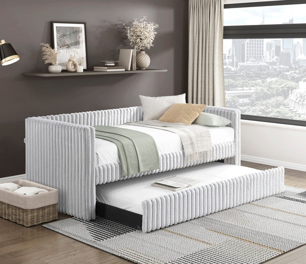English Elm 1pc Daybed with Trundle Corduroy Upholstery Modern Luxury Guest Sofa Bed Durable & Space-Saving Design Gray 43 L x 38 W x 9.5 H B011S01720