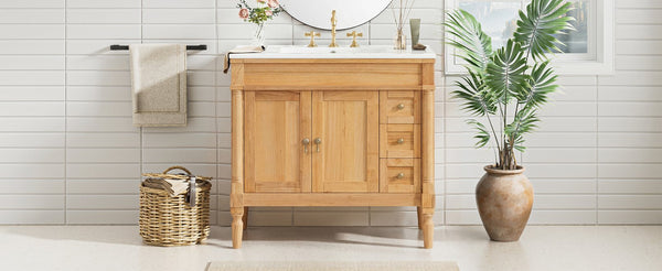 English Elm 36" Freestanding Bathroom Vanity Solid Wood Cabinet with Ceramic Sink and Soft Close Storage N729P300165N