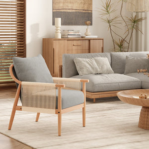English Elm Braid Armchair Mid Century Modern Linen Wood Accent Chair with Ergonomic Support and Plush Cushioning Grey T3623P409105