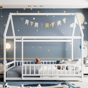 English Elm Twin Pine House Frame Floor Bed with Peaked Roof and Fence Guardrails for Kids White W1858P389981