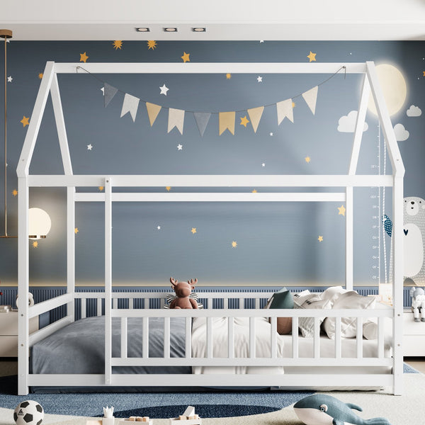 English Elm Twin Pine House Frame Floor Bed with Peaked Roof and Fence Guardrails for Kids White W1858P389981