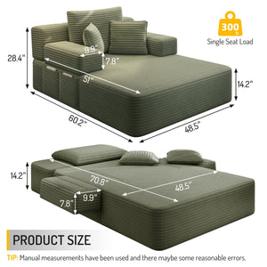 English Elm Luxurious Corduroy Frameless Chaise with Sleeper Conversion Foam Cushioning and Storage Pocket Green W3219P459765