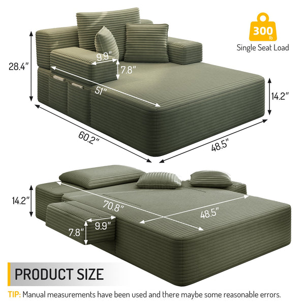 English Elm Luxurious Corduroy Frameless Chaise with Sleeper Conversion Foam Cushioning and Storage Pocket Green W3219P459765
