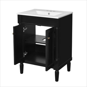 English Elm 24'' Modern Bathroom Vanity with Ceramic Basin, Solid Wood Frame, Soft-Close Doors, Ample Storage Black N710P190503B