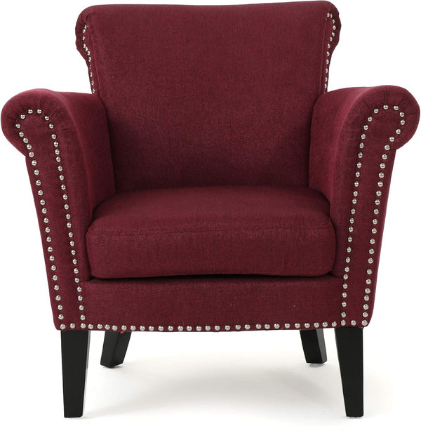 English Elm Christopher Knight Home® - CLUB Chair Burgundy Upholstered Fabric Accent with Nailhead Trim, Curved Arms & Birch Legs - Luxurious N776P243716Y